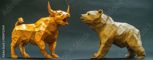 Origami bull and bear sculptures representing stock market symbolism with intricate craftsmanship photo