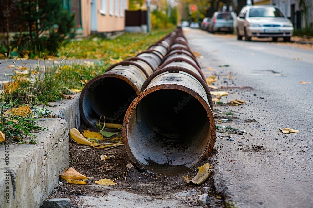 A large pipe is laying on the ground in front of a building A large pipe is laying on the ground in front of a building