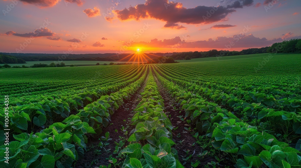Serene Soybean Field at Dusk with Sunset Glow – Agricultural Landscape, Green Crops and Twilight Sky for Natural Farming Serene Soybean Field at Dusk with Sunset Glow – Agricultural Landscape, Green Crops and Twilight Sky for Natural Farming