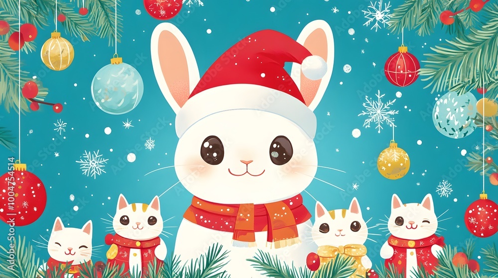 A kawaii Christmas card with a cute white rabbit in a Santa hat, surrounded by colorful decorations and cheerful kittens wearing Santa suits, with a large white border for writing A kawaii Christmas card with a cute white rabbit in a Santa hat, surrounded by colorful decorations and cheerful kittens wearing Santa suits, with a large white border for writing