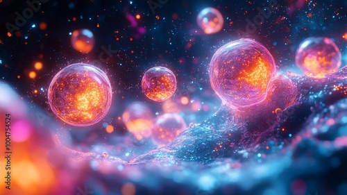 A detailed illustration of exosomes being released from a cell, with small vesicles traveling from one cell to another