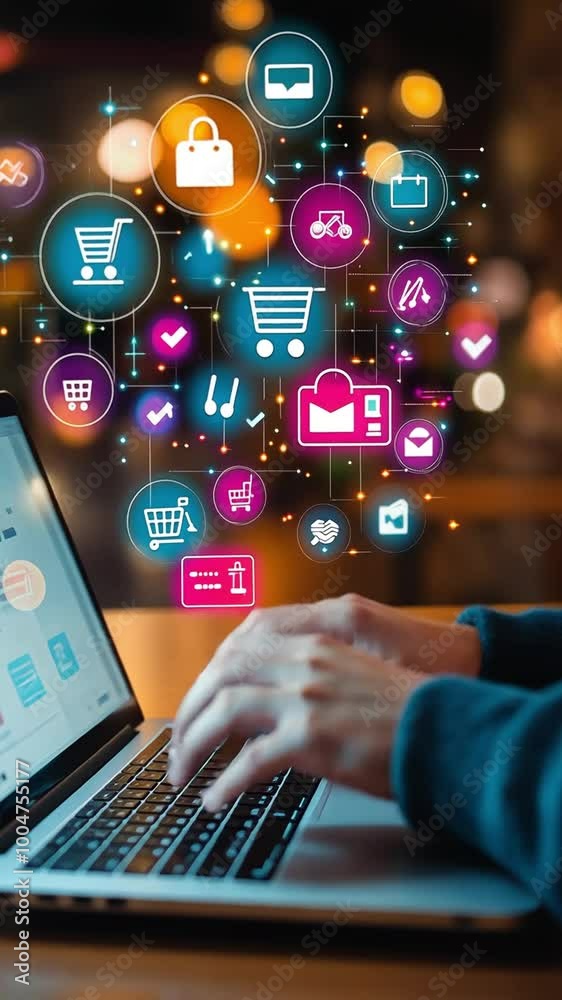 Woman using laptop for online shopping with omni channel technology, multiple icons over the laptop screen