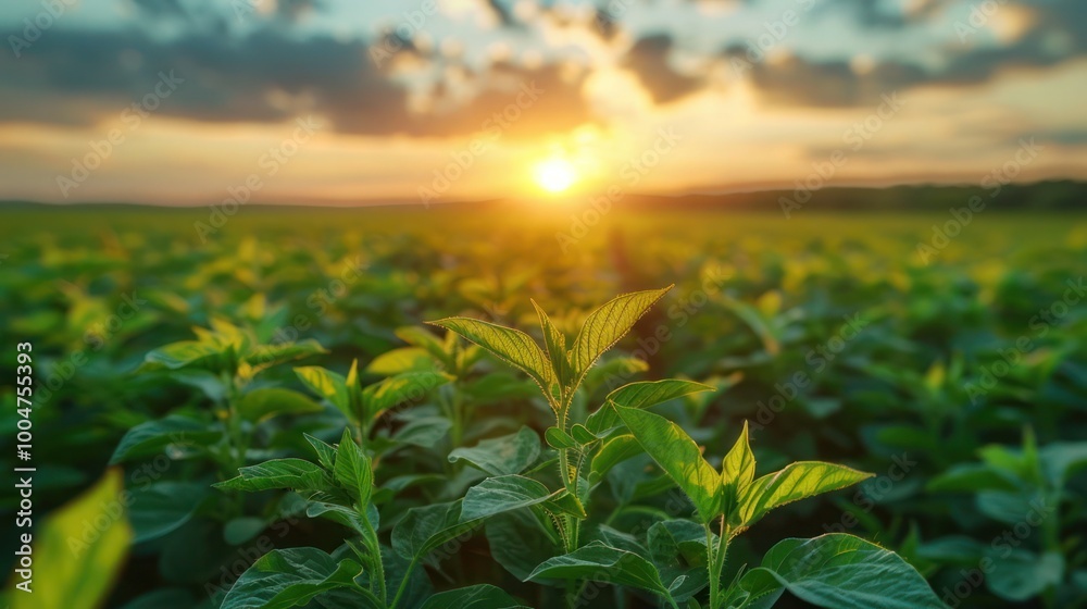 Serene Soybean Field at Dusk with Sunset Glow – Agricultural Landscape, Green Crops and Twilight Sky for Natural Farming Serene Soybean Field at Dusk with Sunset Glow – Agricultural Landscape, Green Crops and Twilight Sky for Natural Farming