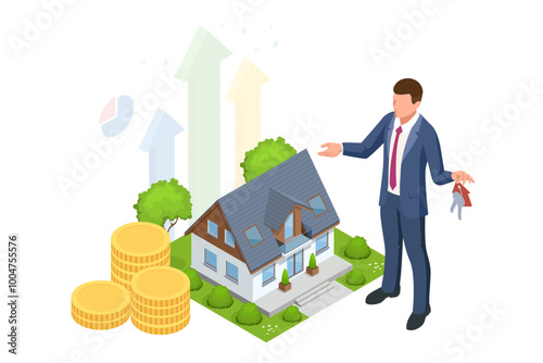 Isometric Real estate buying lending. Business real estate investment and financial. Buying a house can generate rental profit. It highlights ROI Return on Investment or mortgage.