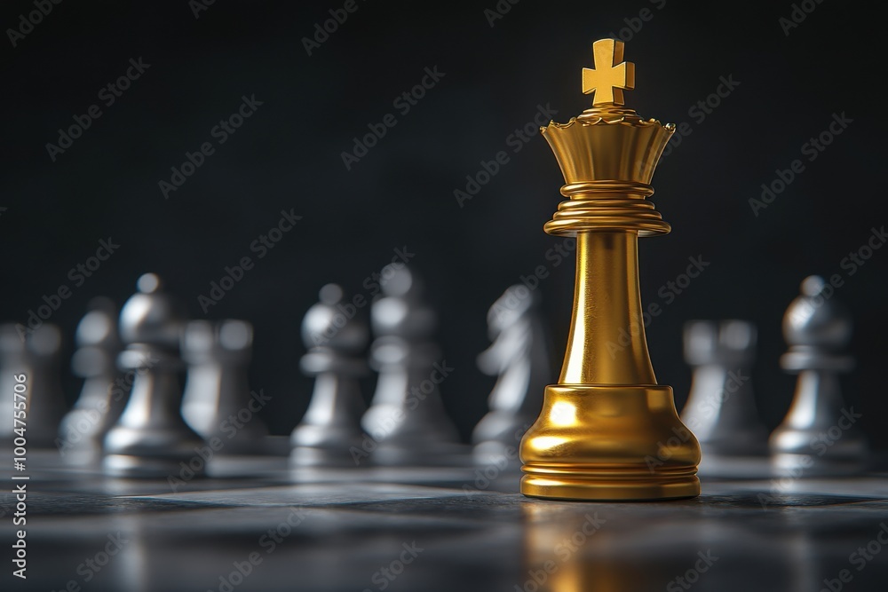 A golden king chess piece stands tall on a chessboard surrounded by blurred chess pieces, symbolizing leadership, strategy, and victory. A golden king chess piece stands tall on a chessboard surrounded by blurred chess pieces, symbolizing leadership, strategy, and victory.