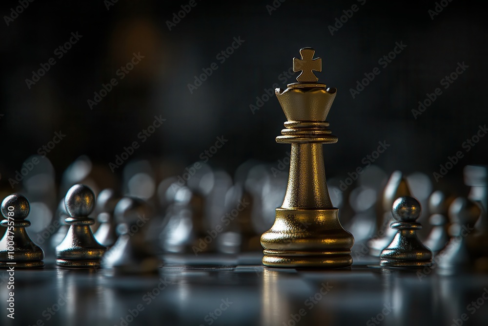 Golden king chess piece standing tall among silver pawns on a chessboard, symbolizing leadership and strategy Golden king chess piece standing tall among silver pawns on a chessboard, symbolizing leadership and strategy