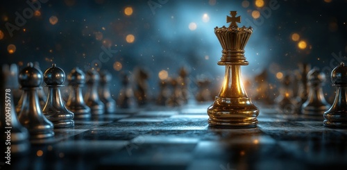 Golden king chess piece stands dominant among silver pieces on a chessboard in strategic game play