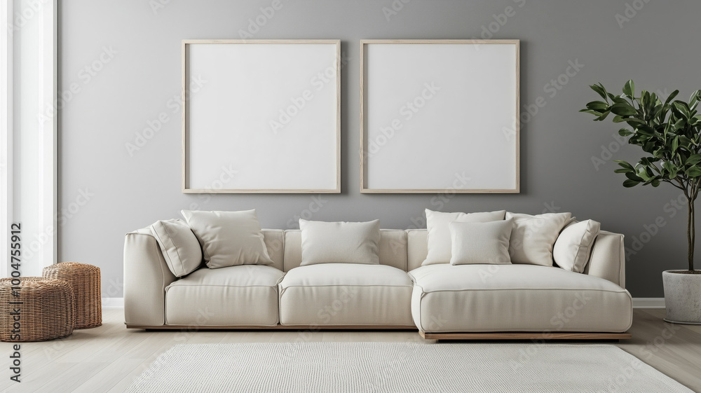 Mock up frames on the wall in a modern luxury minimalist living room with a beige sofa Mock up frames on the wall in a modern luxury minimalist living room with a beige sofa