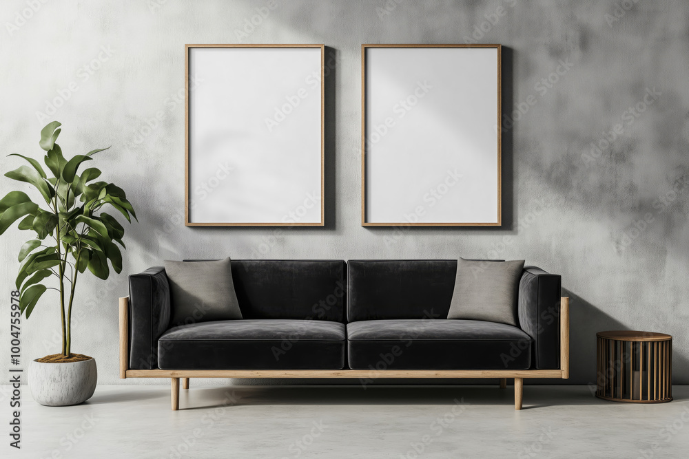 Mock up frames on the wall in a modern luxury minimalist living room with a black velvet sofa Mock up frames on the wall in a modern luxury minimalist living room with a black velvet sofa