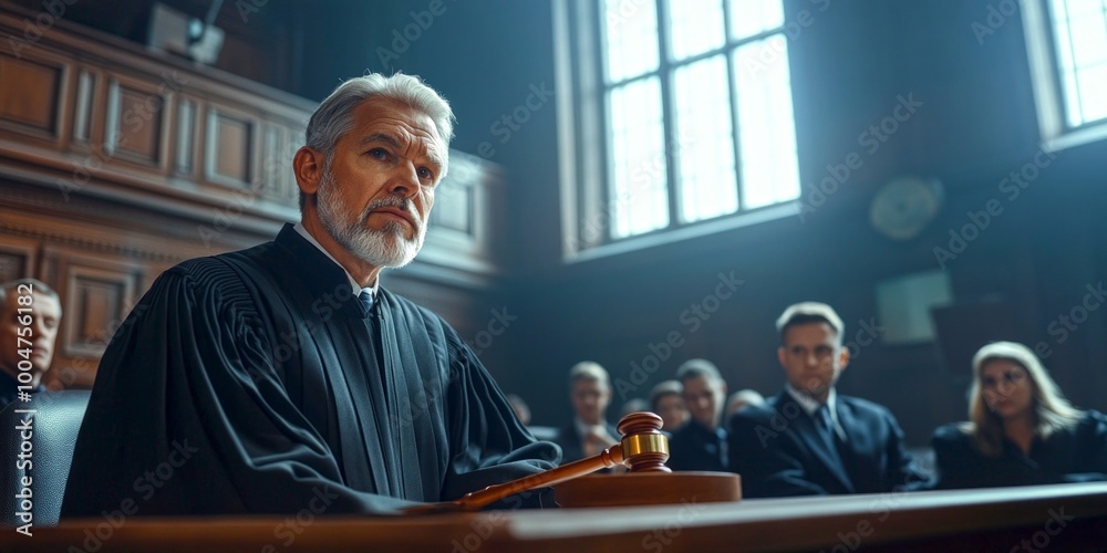 A serious male judge presiding over a courtroom scene. The judge ...