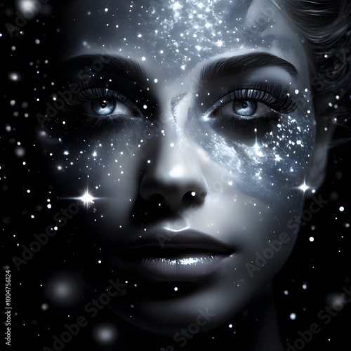 Experience the captivating allure of a monochromatic digital artwork showcasing a person's face with eyes closed. The brilliant white sparkles bring a dreamy, ethereal quality to the composition. 