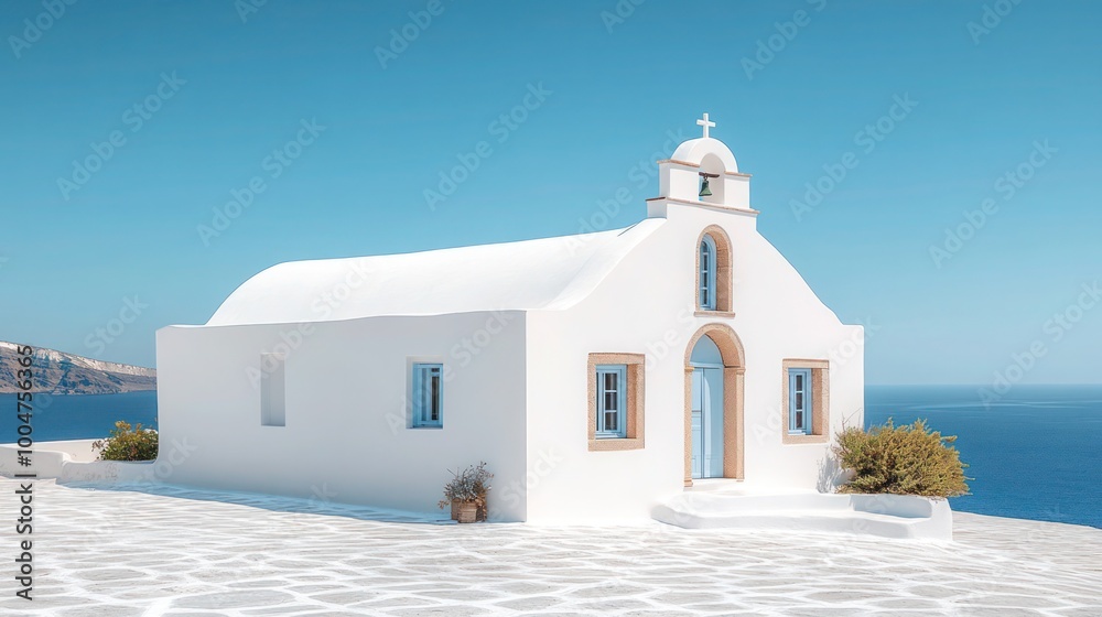 Small White Church in Cyclades with Bell Tower – Simple Cycladic Architecture, Whitewashed Walls, Blue Sky and Sea, Tranquil Mediterranean Landscape, and Peaceful Island Sanctuary Small White Church in Cyclades with Bell Tower – Simple Cycladic Architecture, Whitewashed Walls, Blue Sky and Sea, Tranquil Mediterranean Landscape, and Peaceful Island Sanctuary
