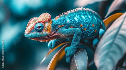 Camelion sits on a branch in the jungle