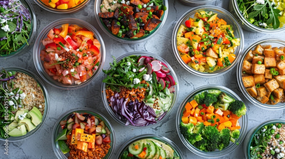 A top view of various colorful and nutritious grain and salad bowls A top view of various colorful and nutritious grain and salad bowls