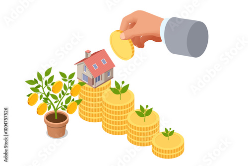 Isometric Real estate buying lending. Business real estate investment and financial. A businessman places a coin, symbolizing a financial return.