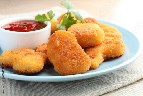 Tasty chicken nuggets with chili sauce and parsley on table, closeup