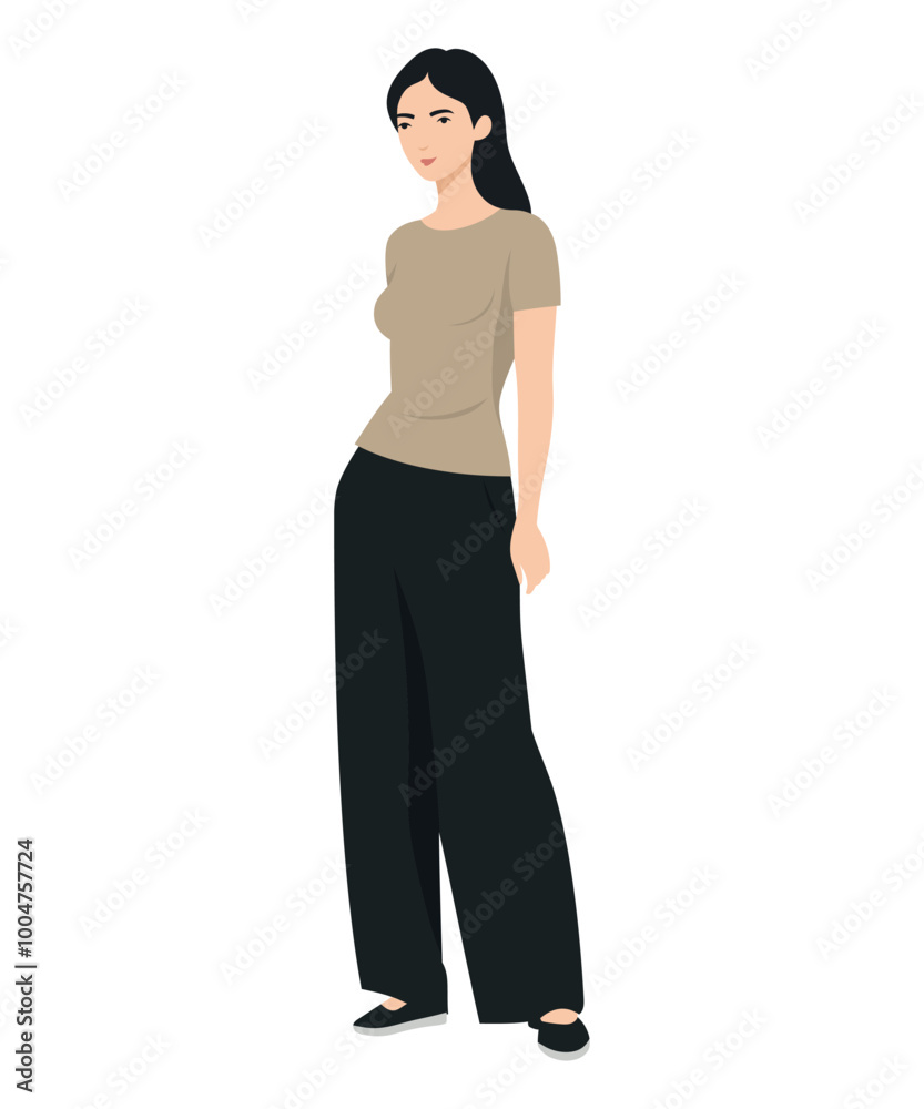 Vector illustration of a girl with a beige t-shirt and wide black pants. Vector illustration of a girl with a beige t-shirt and wide black pants.