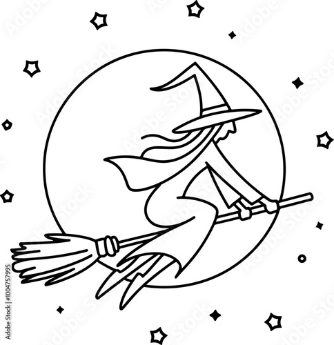 Whimsical witch on broomstick in starry night sky