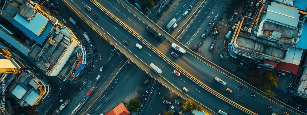Aerial view of bustling urban highway interchange with busy traffic in the heart of a city during the late afternoon