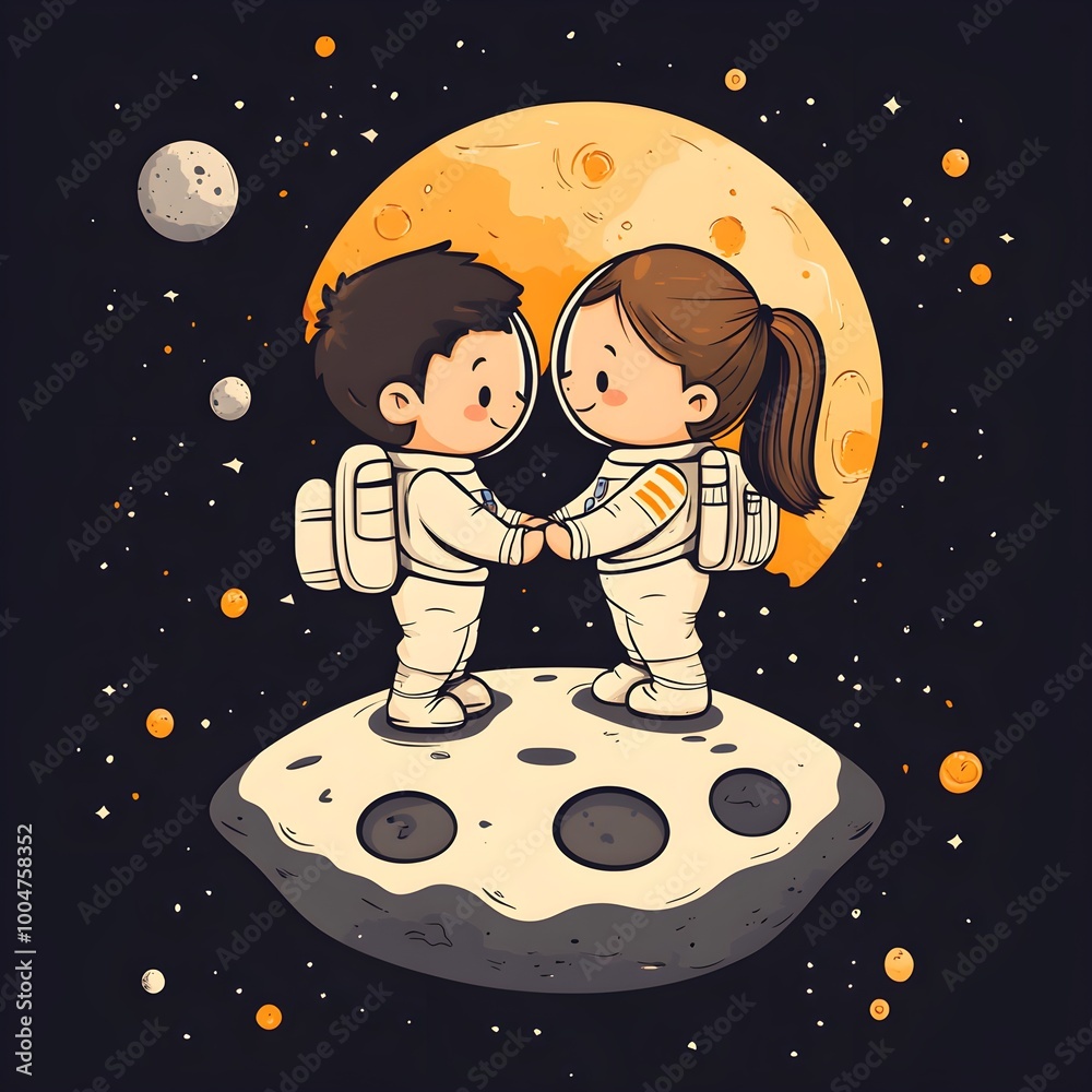 Fototapeta premium Cute Cartoon astronauts on the moon
