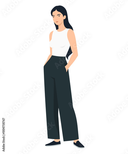 Vector illustration of a girl in a minimalistic look with a white top and black pants, suitable for everyday wear.