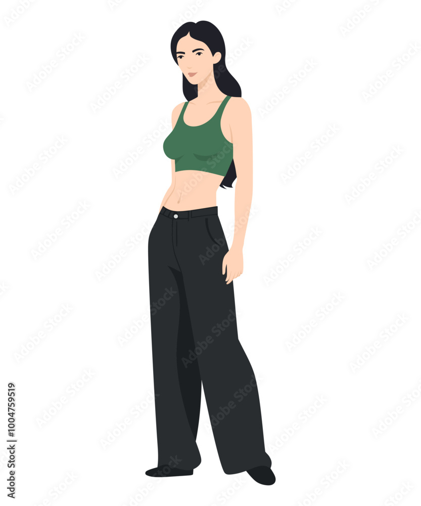 Vector illustration of a girl in a stylish summer look with a dark green crop top and black pants for warm weather. Vector illustration of a girl in a stylish summer look with a dark green crop top and black pants for warm weather.
