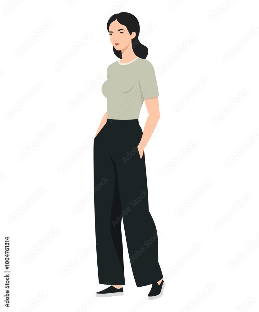 Vector illustration of a girl wearing an olive t-shirt and black wide leg pants for a comfortable and understated look. Vector illustration of a girl wearing an olive t-shirt and black wide leg pants for a comfortable and understated look.