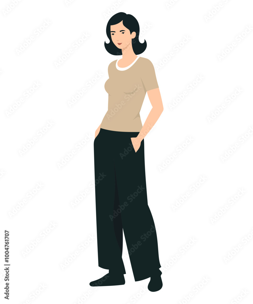Vector illustration of a girl with a beige t-shirt and wide black pants. Vector illustration of a girl with a beige t-shirt and wide black pants.