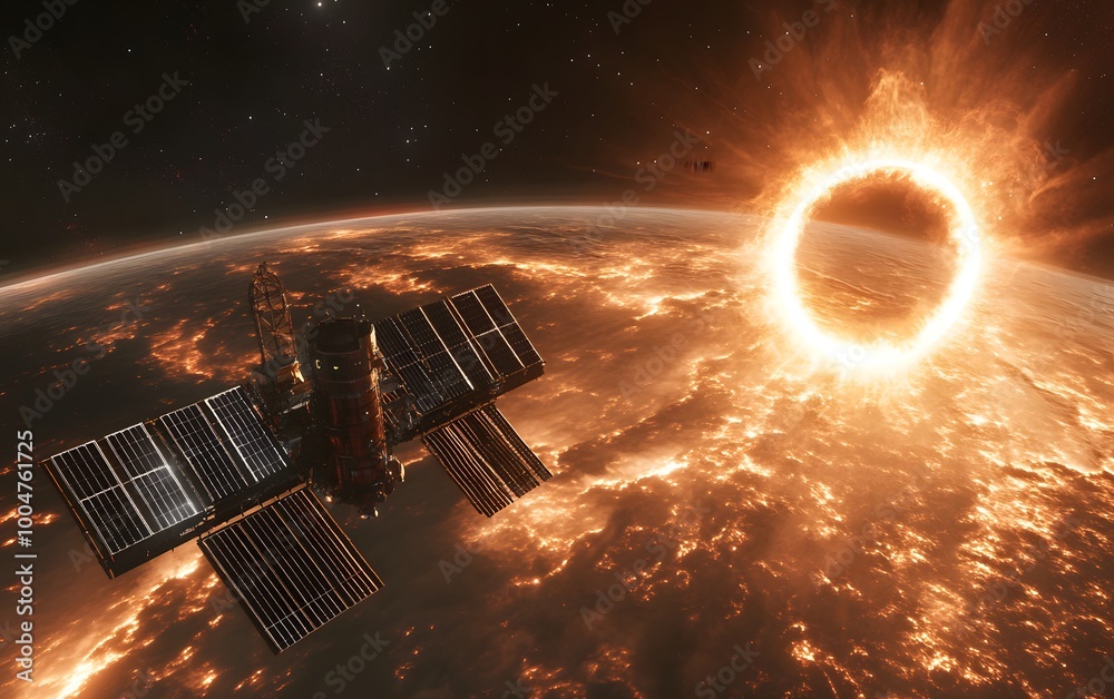 Satellite observing solar flare in space Satellite observing solar flare in space