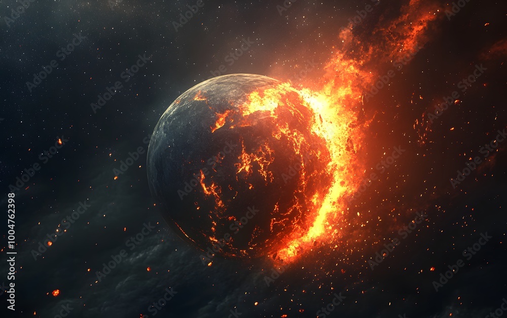 Burning planet in space