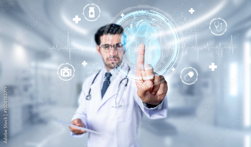 Professional doctor wearing lab coat and stethoscope while looking at hologram of human organ. Skilled researcher looking and thinking about medical theory. Innovation. Blurring background. Deviation.