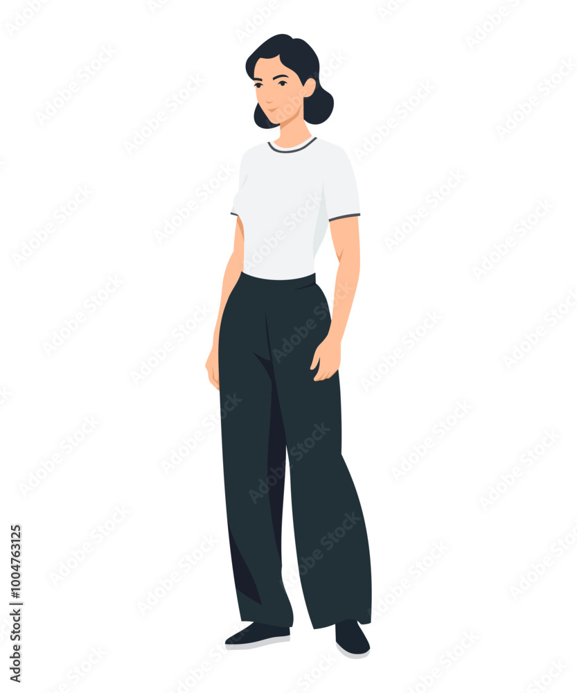 Vector illustration of a girl in a casual look with a white short-sleeved top and black pants. Vector illustration of a girl in a casual look with a white short-sleeved top and black pants.