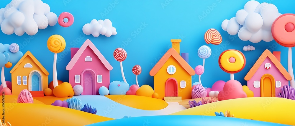 Fototapeta premium Cartoon village with colorful houses, lollipop trees, and clouds on a blue background.