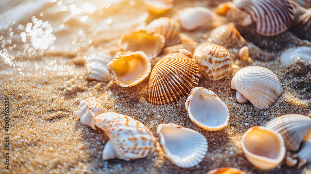Seashell collection on the beach by the ocean during summer, marine shells, sea wildlife, tropical aquatic elements, and exotic underwater treasures, a natural vacation souvenir from the seashore Seashell collection on the beach by the ocean during summer, marine shells, sea wildlife, tropical aquatic elements, and exotic underwater treasures, a natural vacation souvenir from the seashore