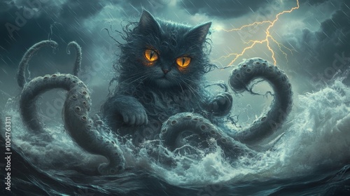 A massive feline with bright orange eyes emerges from turbulent waters, battling an octopus during a fierce storm, showcasing a fantastical clash between myth and imagination under dark skies. photo