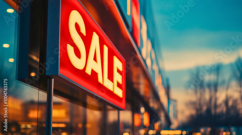 Sale shop sign in retail window displaying fashion and business message, commercial store glass design with red background, white text discount, consumerism, advertising in a city boutique, promotion