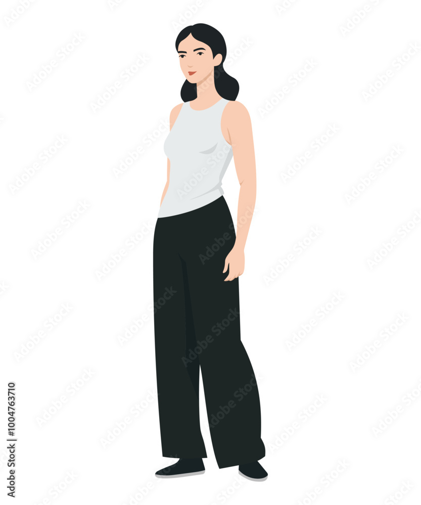 Vector illustration of a girl in a minimalistic look with a white top and black pants, suitable for everyday wear. Vector illustration of a girl in a minimalistic look with a white top and black pants, suitable for everyday wear.
