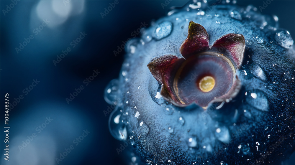 Closeup of a vibrant blueberry with water droplets, showcasing its fresh and juicy texture, embodying the beauty of natural fruit and the health benefits of this delicious berry Closeup of a vibrant blueberry with water droplets, showcasing its fresh and juicy texture, embodying the beauty of natural fruit and the health benefits of this delicious berry
