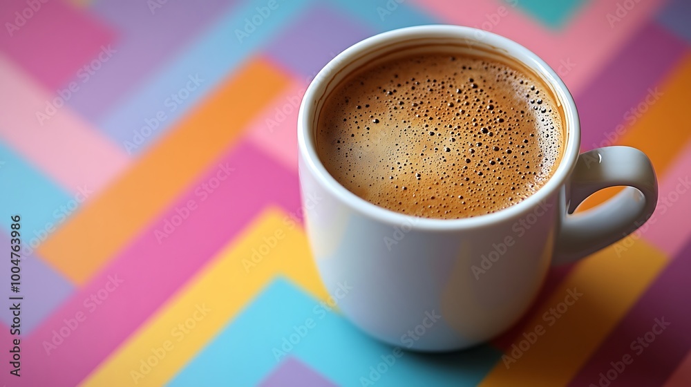 Fototapeta premium A cup of coffee with a creamy foam layer on top, set against a colorful chevron background.
