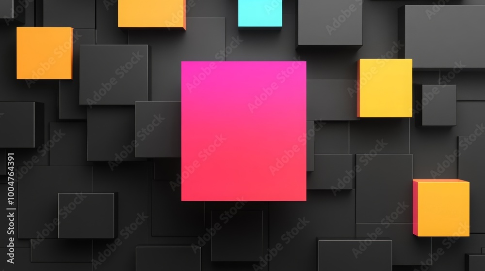 Colorful rectangle floating over black rectangles on a white background. Colorful rectangle floating over black rectangles on a white background.