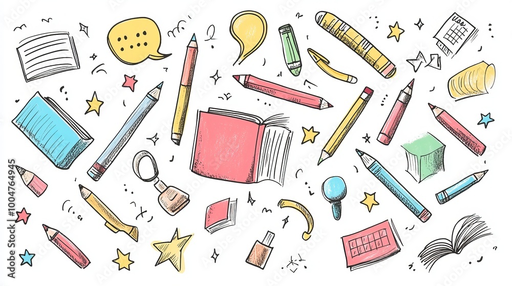 Doodle marker drawings of school elements like pencils, books, stars, and speech bubbles, perfect for back-to-school illustrations Doodle marker drawings of school elements like pencils, books, stars, and speech bubbles, perfect for back-to-school illustrations