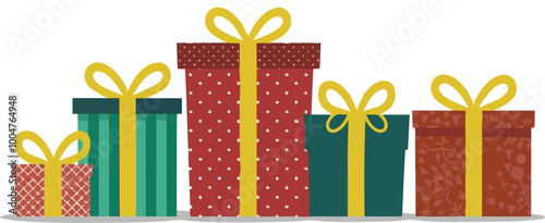 Christmas gift boxes with bright ribbons in flat style