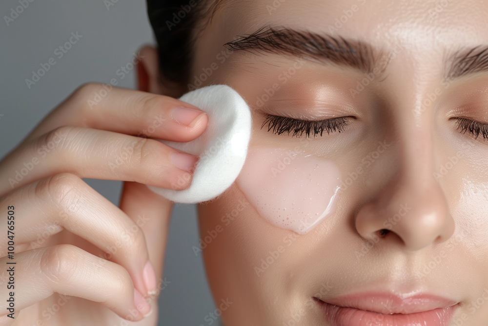 Young woman with perfect skin cleaning her face with cotton pad on grey background, closeup, cosmetics, make-up and healthcare products advertisement Young woman with perfect skin cleaning her face with cotton pad on grey background, closeup, cosmetics, make-up and healthcare products advertisement
