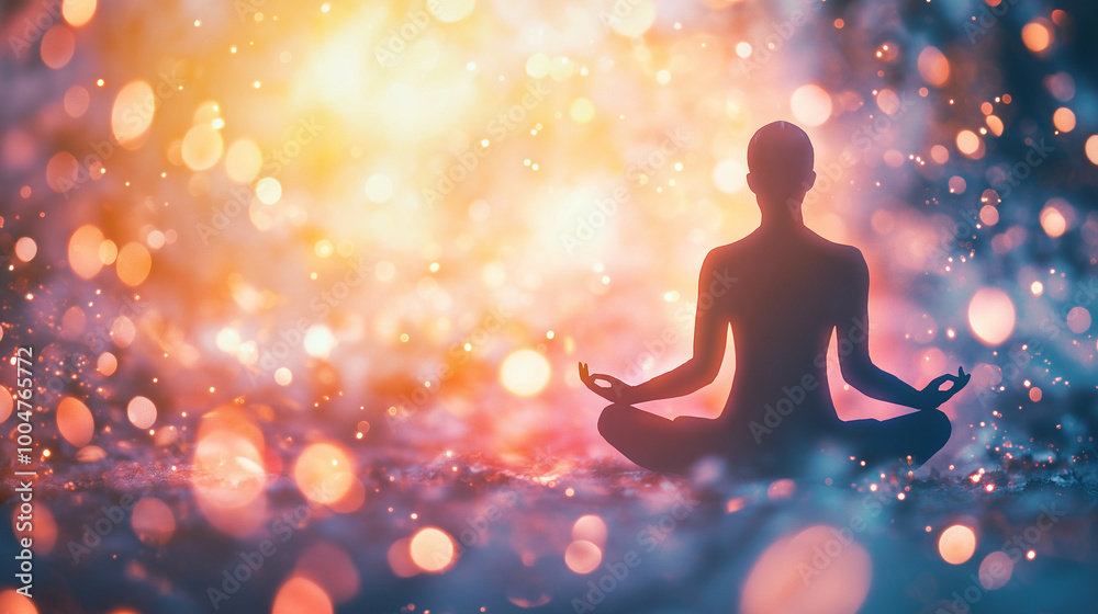 Meditation figure in a lotus position glowing with warm light and surrounded by abstract bokeh lights, representing inner peace, mindfulness, and spiritual energy in a vibrant and peaceful setting. Meditation figure in a lotus position glowing with warm light and surrounded by abstract bokeh lights, representing inner peace, mindfulness, and spiritual energy in a vibrant and peaceful setting.