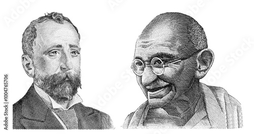 Obraz na płótnie Aleko Konstantinov cut on 100 Bulgarian lev banknote and Mahatma Gandhi cut