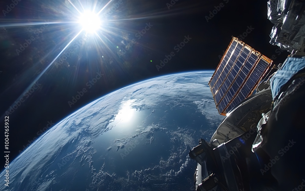 Stunning view of the earth from space with a solar-powered satellite in the foreground