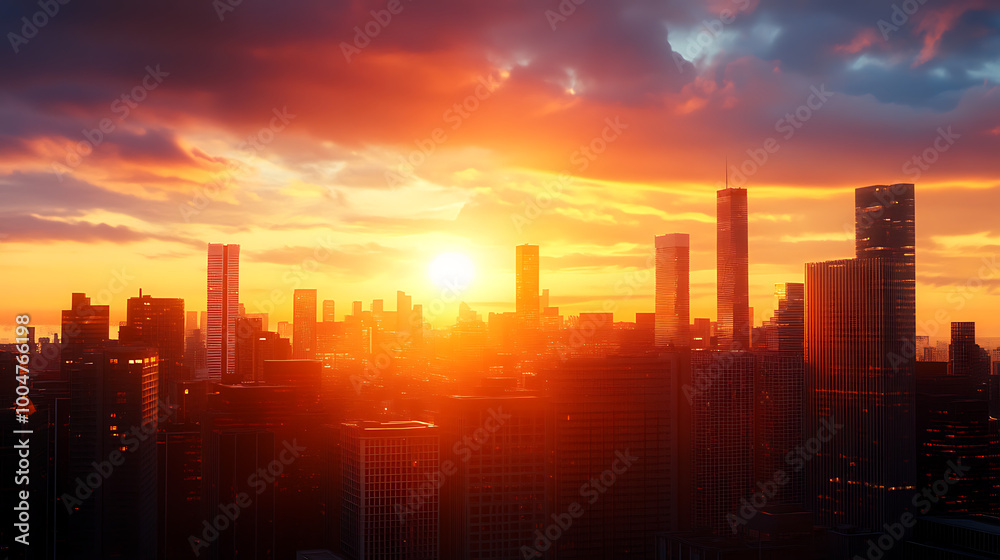 City skyline at sunset with dramatic clouds and glowing horizon City skyline at sunset with dramatic clouds and glowing horizon