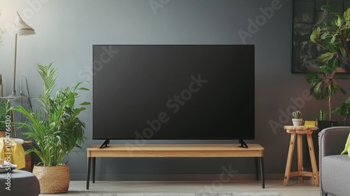 LED TV set on a table in a minimalist living room, featuring a blank screen, perfect for showcasing advertisements or content.  photo