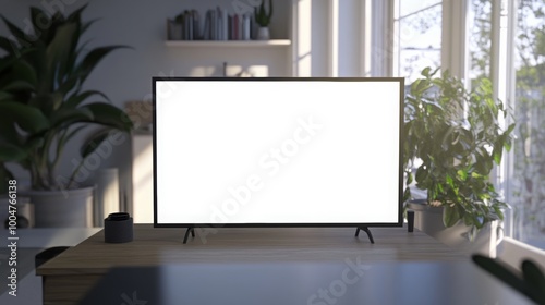 LED TV set on a table in a minimalist living room, featuring a blank screen, perfect for showcasing advertisements or content.  photo