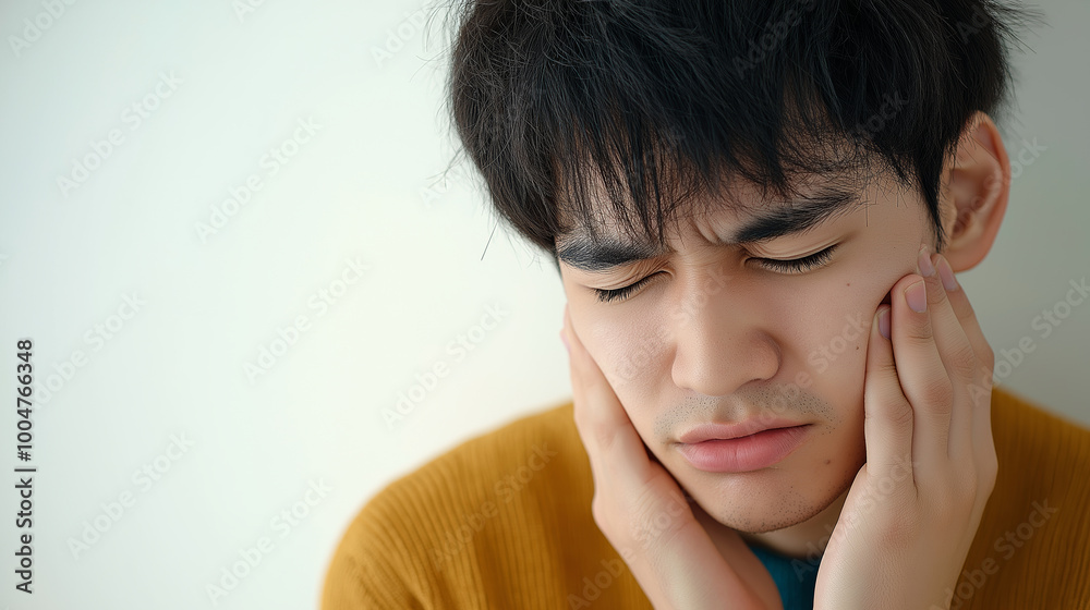 Man experiencing toothache pain, close-up of face with hands on cheeks, discomfort, health issue concept Man experiencing toothache pain, close-up of face with hands on cheeks, discomfort, health issue concept
